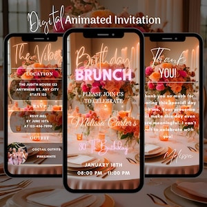 Digital Floral Birthday Brunch Invitation, Animated Birthday Brunch Video Invitation, Editable Pink Brunch Party Invitation Template
