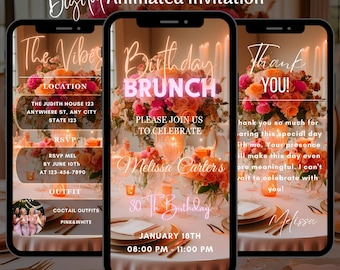 Digital Floral Birthday Brunch Invitation, Animated Birthday Brunch Video Invitation, Editable Pink Brunch Party Invitation Template