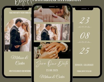 Könnte beinhalten: Eine digitale Hochzeitseinladung mit grünem Hintergrund. Die Einladung zeigt Fotos des Paares, das Datum "23.08.2025" und den Text "Save Our Date" in handschriftlicher Schrift. Die Einladung enthält auch die Namen des Paares, "Melissa & Carter", und den Ort, "Denver, Colorado".