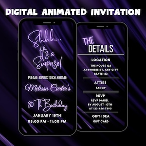 Digital Purple Surprise Birthday Party Invitation, Surprise Animated Invitation, Purple Surprise Birthday Video Invitation Template