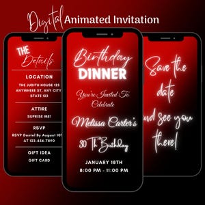 Digital Red Birthday Dinner Invitation, Animated Birthday Party Video Invite, Editable Red Birthday Invitation Template, Dinner Party Invite