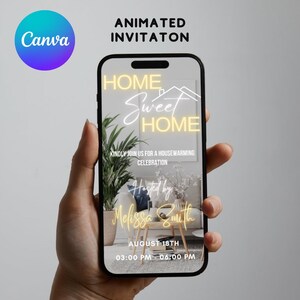 May include: A mobile phone screen displaying a housewarming invitation with the text "HOME Sweet HOME" in yellow neon lettering. The invitation is for a housewarming celebration hosted by Melissa Smith on August 18th from 3:00 PM to 6:00 PM.