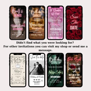 May include: A collection of ten digital phone invitation templates for a birthday party. The invitations feature different themes, including boots and bling, birthday dinner, 30 shades of pink, save the date, birthday brunch, and date night. The invitations are designed with a modern and stylish aesthetic.