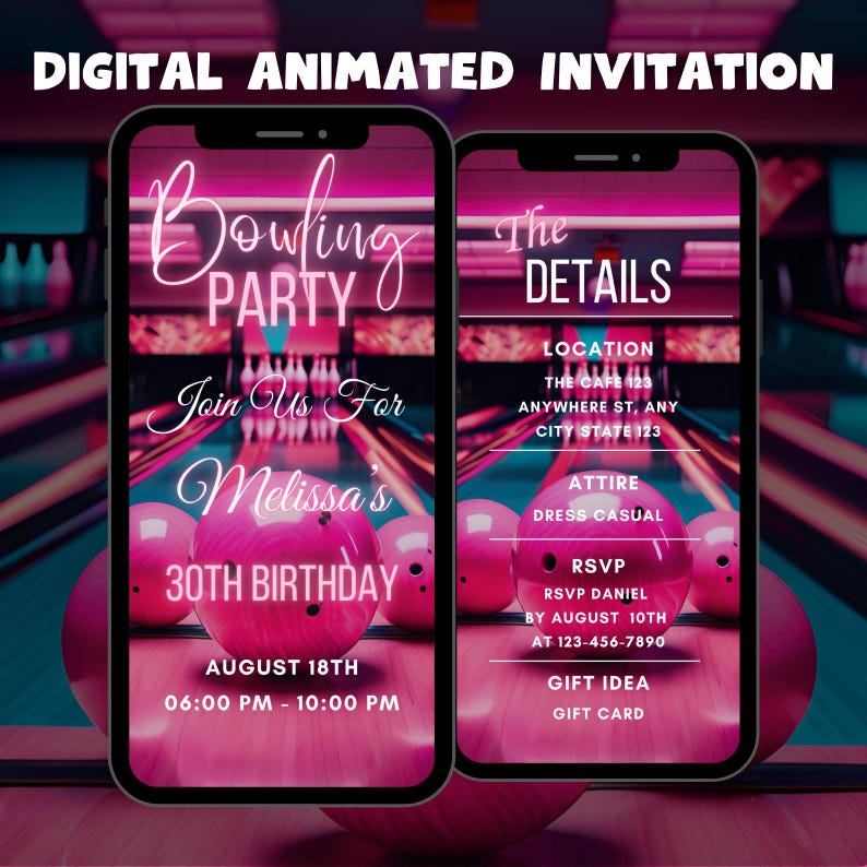 May include: Digital invitation for a 30th birthday bowling party. The invitation features a pink and black bowling alley background with a pink bowling ball and pins. The text on the invitation reads "Bowling Party" and "Join Us For Melissa's 30th Birthday". The invitation also includes the date and time of the party, the location, attire, RSVP information, and a gift idea.