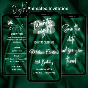 Digital Green 28th Birthday Invitation, Animated 28th Birthday Party Invitation, Editable 28th Birthday Dinner Video Invitation Template