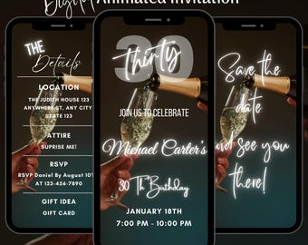 Animated 30th Birthday Invitation: Editable Dinner Party Video Invite Template (Digital Download)