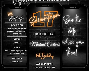 Digital 17th Birthday Party Invitation, Editable Animated Neon Orange 17th Birthday Invitation, 17th Birthday Video Invitation Template