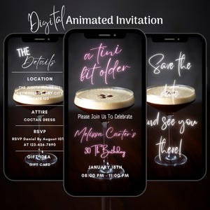 Digital Birthday Cocktail Party Invitation, Editable A Tini Bit Older Invite, Animated Martini Party Birthday Dinner Invitation Template
