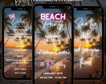 Animierte Strandparty-Einladungsvorlage, bearbeitbare Geburtstagsfeier Evite (Digitaler Download)