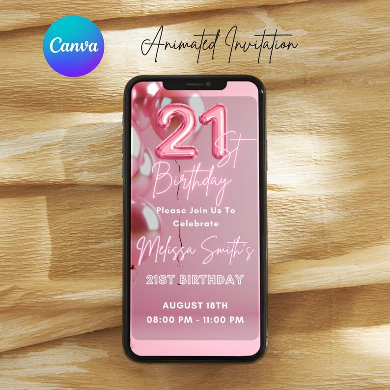 Pu&ograve; includere: Un invito digitale animato rosa e bianco per una festa di compleanno di 21 anni. L'invito presenta un palloncino rosa numero 21, il testo "Compleanno" e il nome "Melissa Smith's 21st Birthday". La data e l'ora della festa sono elencate come "18 agosto, 20:00 - 23:00".