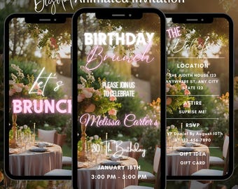 Pink Birthday Brunch Animated Invitation, Editable Floral Tea Party Video Invite Template (Digital Download)