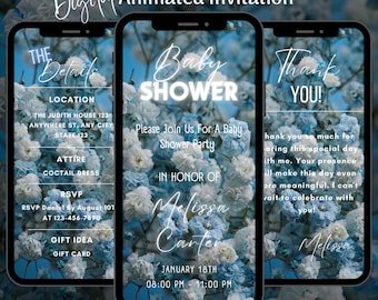 Bearbeitbare blaue Blumen-Babyparty-Einladung, elegante Baby-Party animierte Einladung, Brunch-Dusche Evite (digitaler Download)