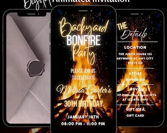 Backyard Bonfire Video Invitation, Editable Animated Birthday BBQ Dinner Party Invite Template (Digital Download)