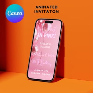 K&ouml;nnte beinhalten: Ein Smartphone zeigt eine rosa Geburtstagseinladung mit dem Text "Let's Party IN PINK!" und "Melissa Carter's 30. Geburtstag". Das Canva-Logo befindet sich oben links. Das Telefon befindet sich vor einem orangefarbenen Hintergrund.