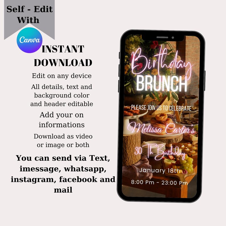 Puede incluir: Una invitaci&oacute;n digital para un brunch de cumplea&ntilde;os con texto rosa ne&oacute;n que dice "Birthday Brunch". La invitaci&oacute;n incluye el nombre "Melissa Carter's", la fecha "January 18th" y la hora "8:00 PM - 23:00 PM".