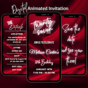 Digital Red 27th Birthday Party Invitation, Editable Animated Red 27th Birthday Dinner Invitation, 27th Birthday Video Invitation Template