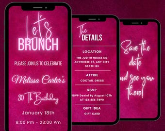 Pink Birthday Brunch Invitation, Animated Birthday Brunch Video Invite, Editable Brunch Party Evite, Digital Invitation Template