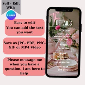 May include: A pink and white digital invitation with the text "The Details" in neon pink. The invitation includes details for a party, including the location, attire, RSVP information, and gift ideas.