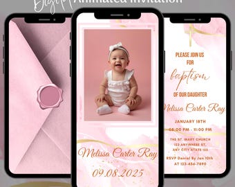 Editable Pink Baptism Video Invitation, Christening Animated Invitation Template with Photo (Digital Download)