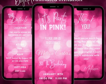 Editable Lets Party in Pink Birthday Invitation, Digital Pink Birthday Party Invitation Template, Animated Pink Birthday Video Invitation