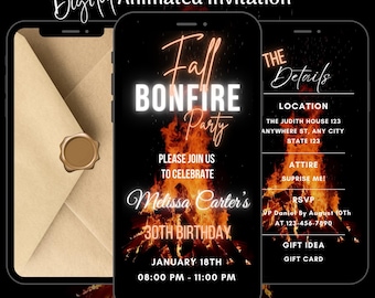 Invitación de cumpleaños con fogata: Fiesta animada en el patio, invitación para celebrar el otoño al aire libre (descarga digital)