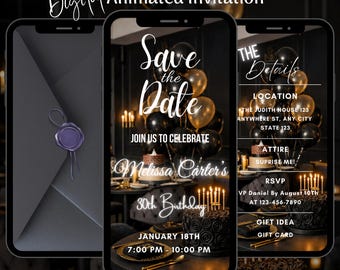 Elegante invito video di compleanno "Save the Date", modello di invito animato modificabile per cena