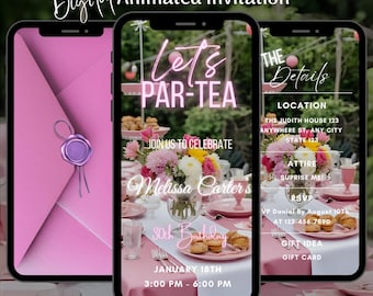 Animierte Pink Tea Party-Geburtstagseinladung, bearbeitbares Geburtstags-Brunch-Video einladen (digitaler Download)