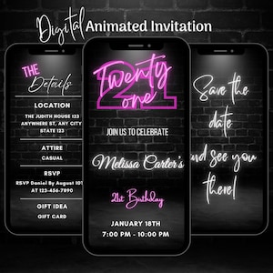 Digital 21st Birthday Party Invitation, Editable 21st Birthday Video Invitation, Neon 21st Animated Invite Text Message Birthday Party Evite