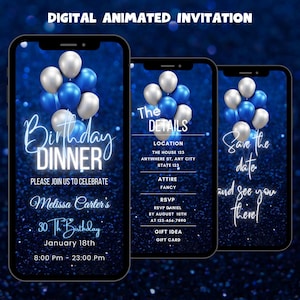 Digital Blue and Silver Birthday Dinner Invitation, Elegant Birthday Party Animated Invite, Editable Birthday Dinner Party Video Invitation