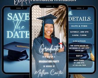 May include: A digital animated invitation for a graduation party. The invitation features a photo of a graduate in a cap and gown, with the text "Graduate" and "Join us for a Graduation Party in honor of Mellisa Carter". The invitation also includes details about the date, time, location, and RSVP information.