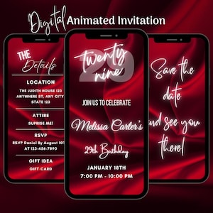 Digital Red 29th Birthday Invitation, Animated 29th Birthday Party Invitation, Editable 29th Birthday Dinner Video Invitation Template