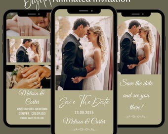 Könnte beinhalten: Digitale Save-the-Date-Ankündigung für eine Hochzeit. Die Ankündigung zeigt ein Paar in romantischer Umarmung, mit dem Text "Save The Date" und dem Datum "23.08.2025". Die Namen des Paares, "Melissa & Carter", sind ebenfalls enthalten. Die Ankündigung ist für die digitale Weitergabe konzipiert.