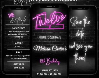 Puede incluir: Invitación digital animada sobre un fondo negro. La invitación se muestra en tres teléfonos inteligentes. El teléfono central muestra "Twelve" en neón rosa, con detalles del evento. El teléfono de la izquierda muestra los detalles del evento y el de la derecha dice "Save the date".