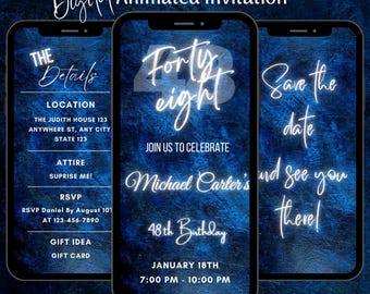 May include: Digital animated invitation on three smartphones. The invitation is for a 48th birthday, with details including the date, time, location, and RSVP information. The background is a dark blue textured design.