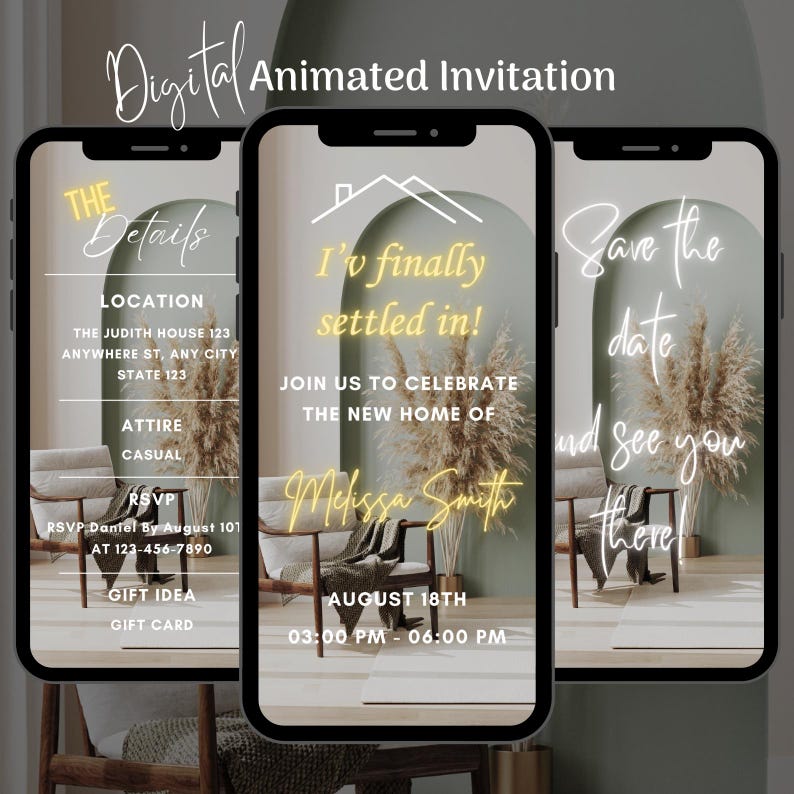 Puede incluir: Una invitaci&oacute;n animada digital para una fiesta de inauguraci&oacute;n de la casa. La invitaci&oacute;n presenta una foto de una sala de estar con una silla y una planta. El texto de la invitaci&oacute;n dice "&iexcl;Finalmente me he instalado!" y "&Uacute;nete a nosotros para celebrar el nuevo hogar de Melissa Smith". La fecha y hora de la fiesta son el 18 de agosto, de 15:00 a 18:00.
