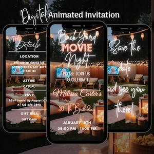 Digital Backyard Movie Night Birthday Invitation, Animated Movie Night Invitation, Movie Party Video Invitation, Editable Movie Marathon