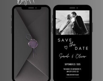 Invito video animato moderno per annunciare la data del matrimonio, invito elegante e modificabile per la data delle nozze, invito digitale con busta per il matrimonio.
