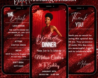 Animated Red Birthday Dinner Party Invitation, Editable Elegant Video Evite Template (Digital Download)
