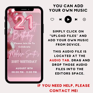Pu&ograve; includere: Un invito digitale rosa e bianco per una festa di compleanno di 21 anni. L'invito presenta un grande numero 21 rosa con la parola "Compleanno" scritta in corsivo. Il testo recita "Si prega di unirsi a noi per celebrare il 21&deg; compleanno di Melissa Smith, il 18 agosto, dalle 20:00 alle 23:00".