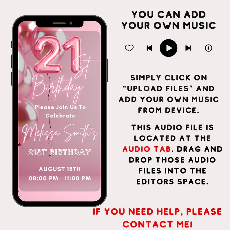 Pu&ograve; includere: Un invito digitale rosa e bianco per una festa di compleanno di 21 anni. L'invito presenta un grande numero 21 rosa con la parola "Compleanno" scritta in corsivo. Il testo recita "Si prega di unirsi a noi per celebrare il 21&deg; compleanno di Melissa Smith, il 18 agosto, dalle 20:00 alle 23:00".