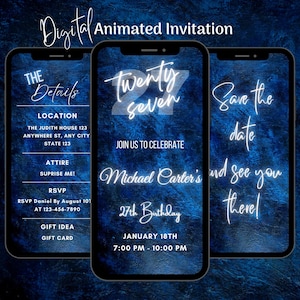 Digital Blue 27th Birthday Invitation, Animated 27th Birthday Party Invitation, Editable 27th Birthday Dinner Video Invitation Template