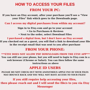 Puede incluir: Una gu&iacute;a de texto sobre c&oacute;mo acceder a los archivos digitales comprados en Etsy.com. La gu&iacute;a explica c&oacute;mo acceder a los archivos desde una computadora o un tel&eacute;fono, e incluye instrucciones para los usuarios de Apple ID.