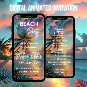 Może przedstawiać: Cyfrowe zaproszenie na imprezę na plaży z okazji 30. urodzin Melissy Edith. Zaproszenie przedstawia zachód słońca nad oceanem z palmami i tekstem "Beach Party" w różowych neonowych literach. Szczegóły imprezy znajdują się po prawej stronie zaproszenia, w tym lokalizacja, strój, informacje RSVP i pomysły na prezenty.