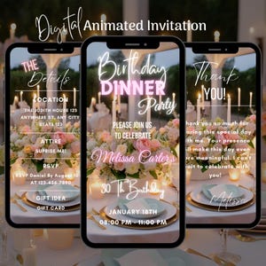 Digital Birthday Dinner Invitation, Animated Birthday Dinner Party Video Invitation, Birthday Dinner Invitation Template, Dinner & Drinks