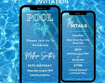 Editable Pool Party Invitation, Editable Pool Party, Digital Party Invitaton, Adult Mobile Invitation, Birthday Announcement Video