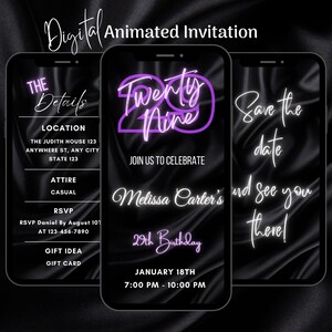 Digital Purple 29th Birthday Party Invitation, Editable Animated Neon 29th Birthday Invitation, 29th Birthday Video Invitation Template