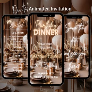 Digital Boho Birthday Dinner Invitation, Elegant Birthday Party Animated Invite, Editable Birthday Dinner Party Video Invitation Template