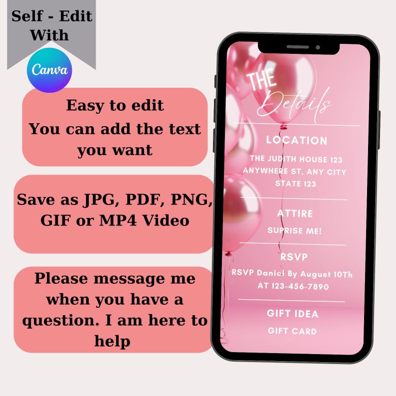 K&ouml;nnte beinhalten: Ein Smartphone zeigt ein rosa Einladungsdesign mit Ballongrafiken und dem Text "The Details". Zus&auml;tzlicher Text enth&auml;lt Details zu Ort, Kleidung, RSVP und Geschenkideen. Rosa Textfelder auf der linken Seite bieten Bearbeitungsanweisungen.