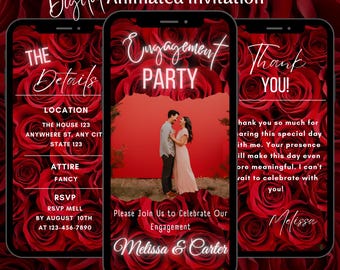 Digital Floral Engagement Party Video Invitation, Animated Elegant Mobile Invitation Template