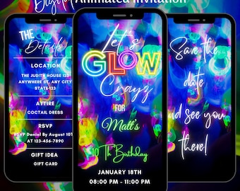 Digitale Glow-Geburtstagsfeier-Einladung, bearbeitbare Neonlichter-Geburtstags-Video einladen, Glow-Party-Einladungsvorlage, animierte Glow-Einladung